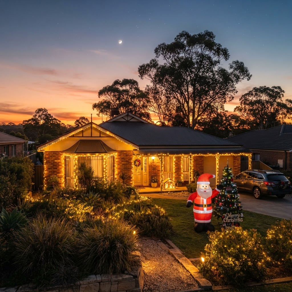 Australian home in the Hunter Valley decorated with Christmas lights at dusk
