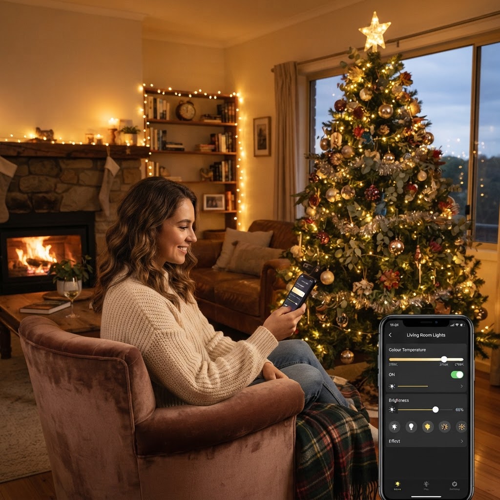 Smartphone app controlling warm white LED Christmas lights on a decorated tree in an Australian living room