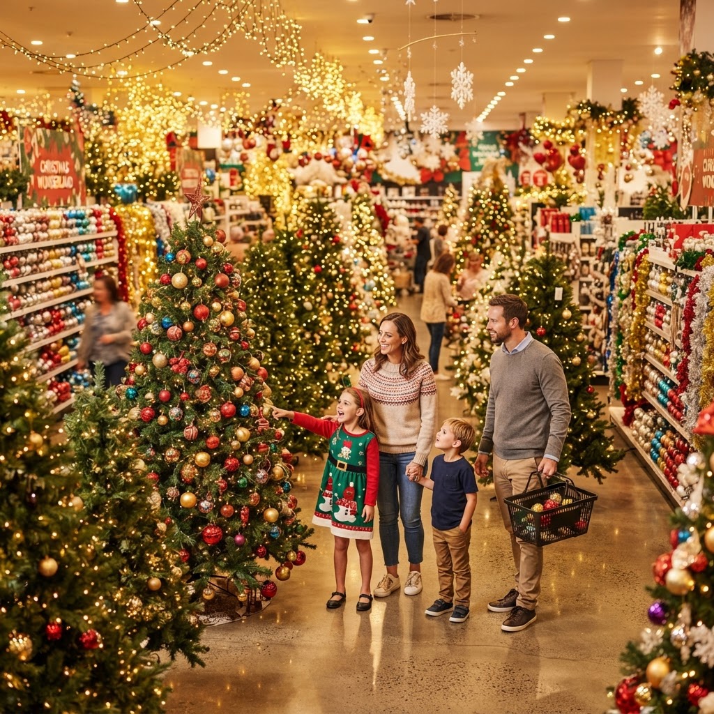 Christmas World Newcastle superstore interior filled with decorated trees and decorations