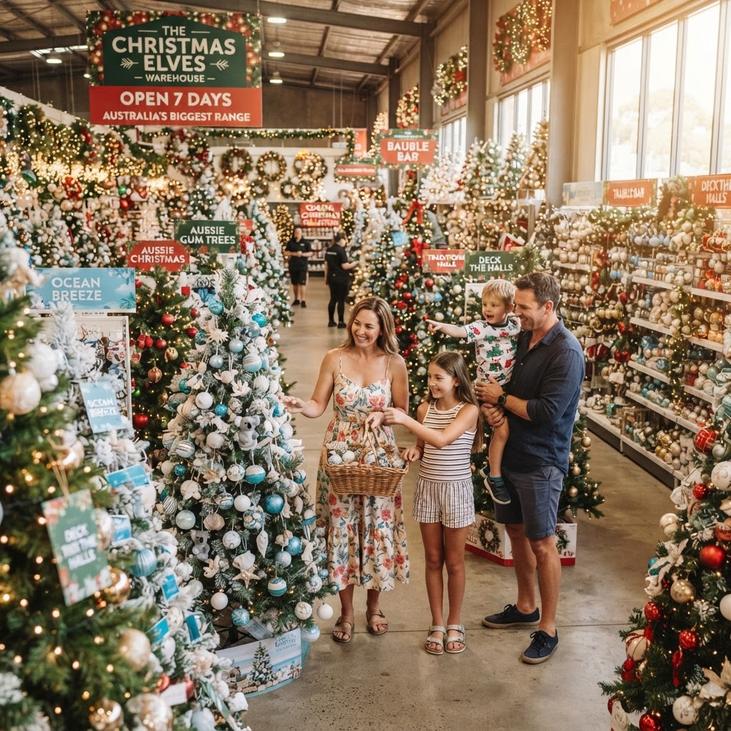 Christmas World Wollongong superstore interior filled with decorated trees and decorations