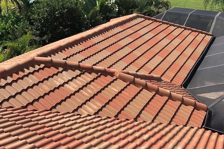Roof soft washing before and after — dirty tile roof cleaned — after