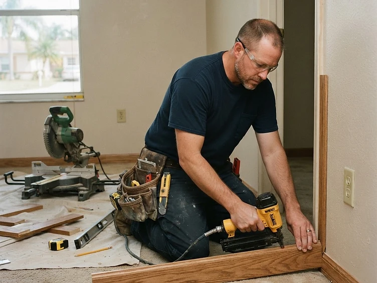 Handyman making an interior trim repair at a home