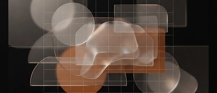 Interfaz digital con efecto Liquid Glass mostrando capas translúcidas y refracción de luz sobre elementos de navegación