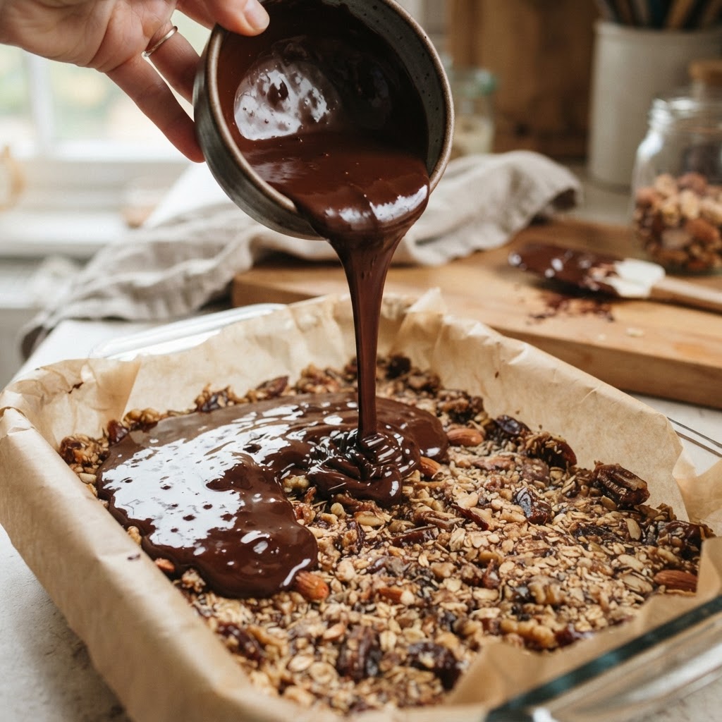 Pouring melted dark chocolate over the pressed bars