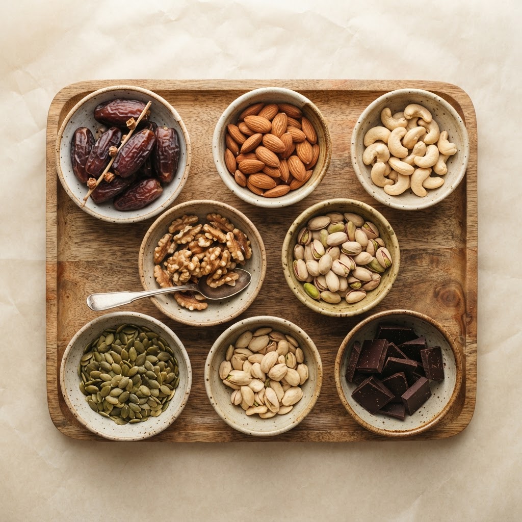 Bowls of dates, nuts and seeds on a tray