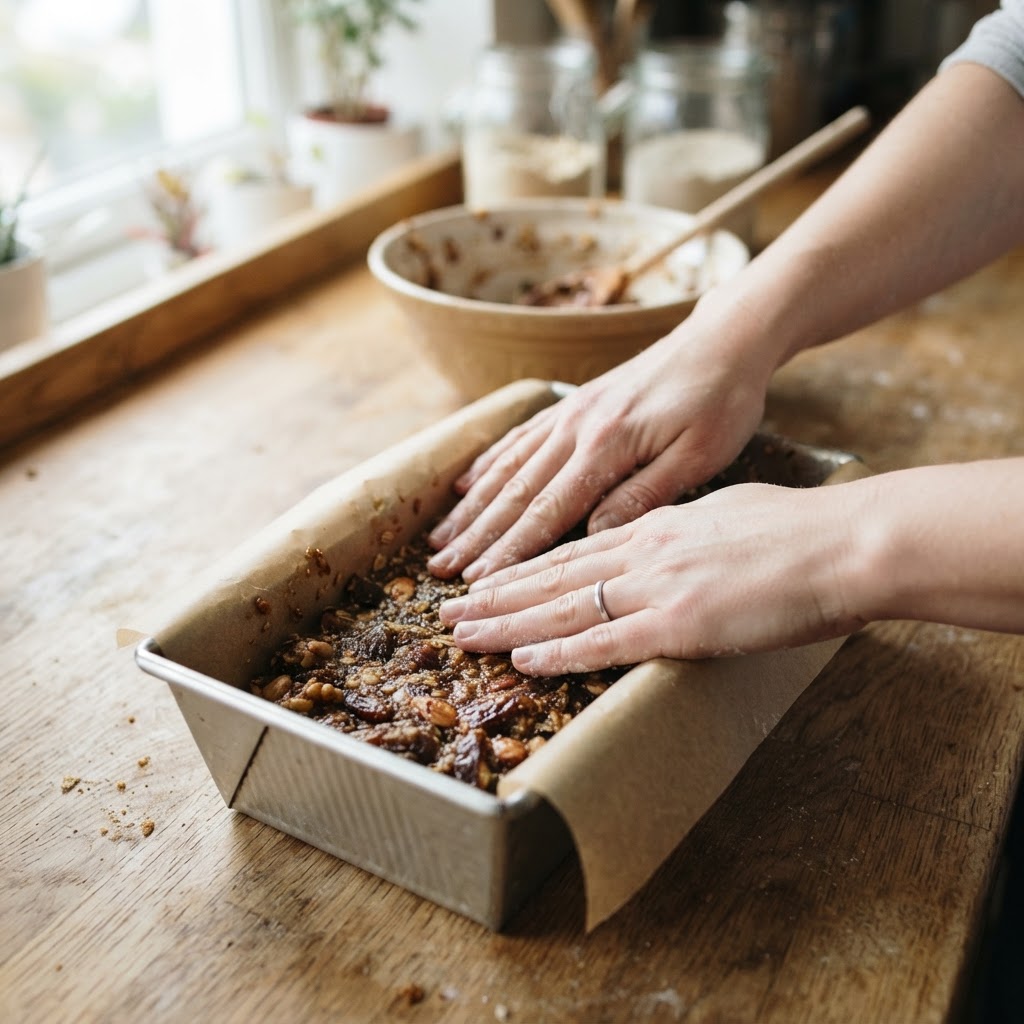 Pressing the date and nut mixture into a lined pan