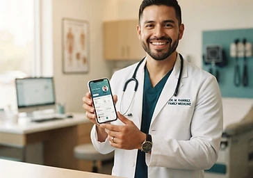 Médico amigable mostrando un celular