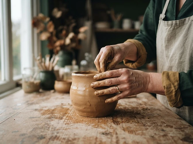 Artisan hands carefully shaping a handmade ceramic piece