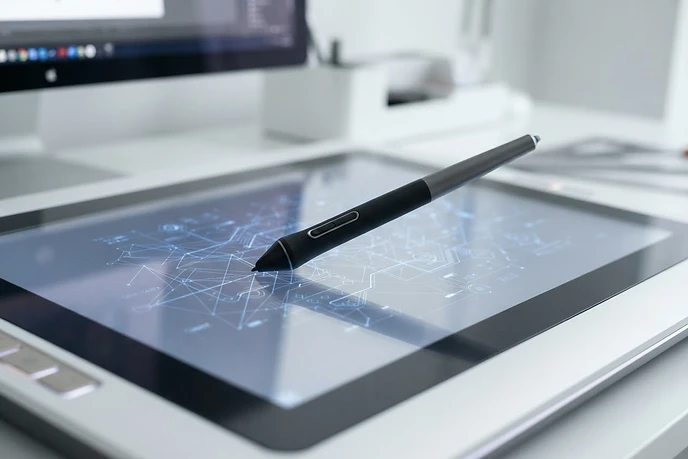 Drafting table with digital stylus on glass reflecting a network diagram