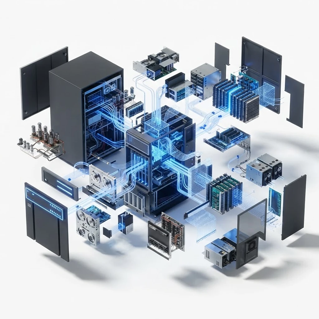 Exploded isometric view of a legacy mainframe transforming into a cobalt blue fibre-optic light mesh
