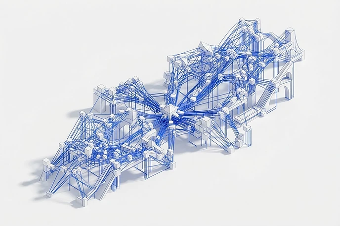 Isometric render of cobalt blue lines and white blocks forming a structural lattice