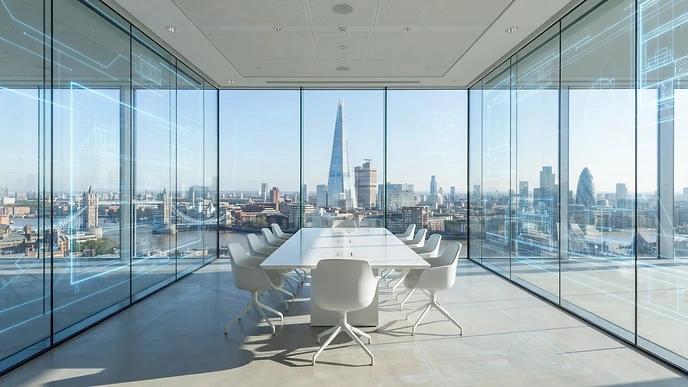 Glass London boardroom overlooking the Shard with cobalt holographic blueprint lines
