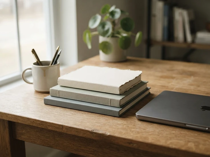 Journals and a laptop on a wooden surface in soft morning light