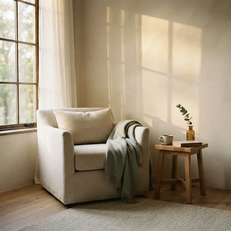 A calm, sunlit healing space with a comfortable chair beside a window