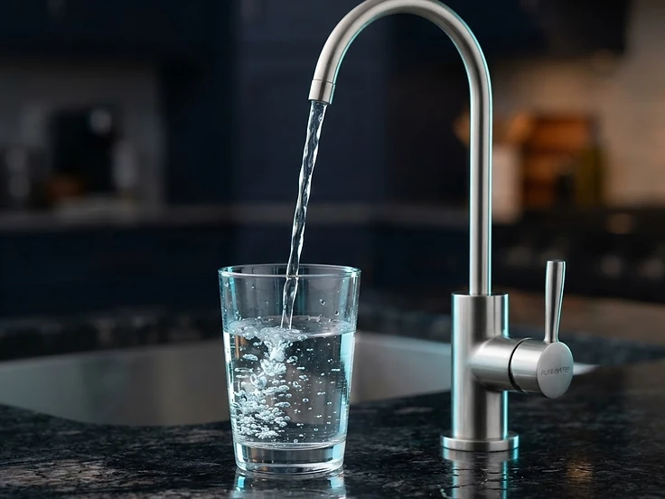 Water Triton reverse osmosis drinking water faucet filling a glass of pure water
