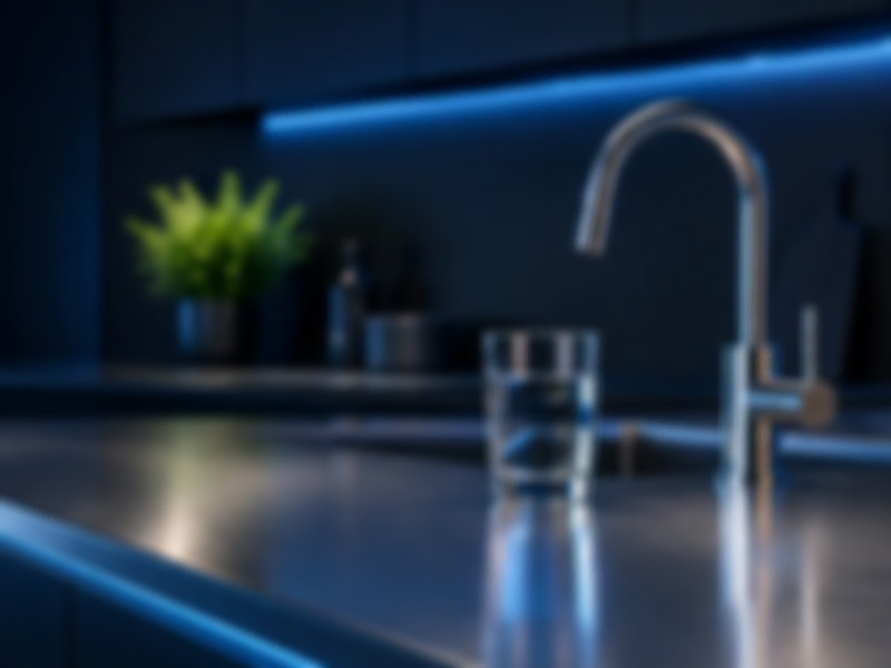 Bright modern kitchen with a glass of clean, filtered water beside a stainless steel faucet