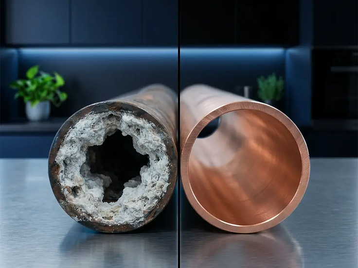 Comparison of a scaled, corroded copper pipe fitting next to a clean new copper pipe fitting