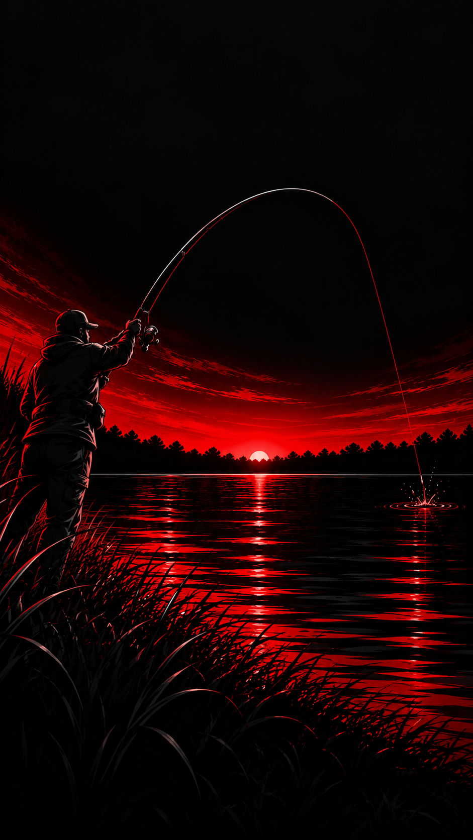 Nighttime lake scene with angler casting under a red sky