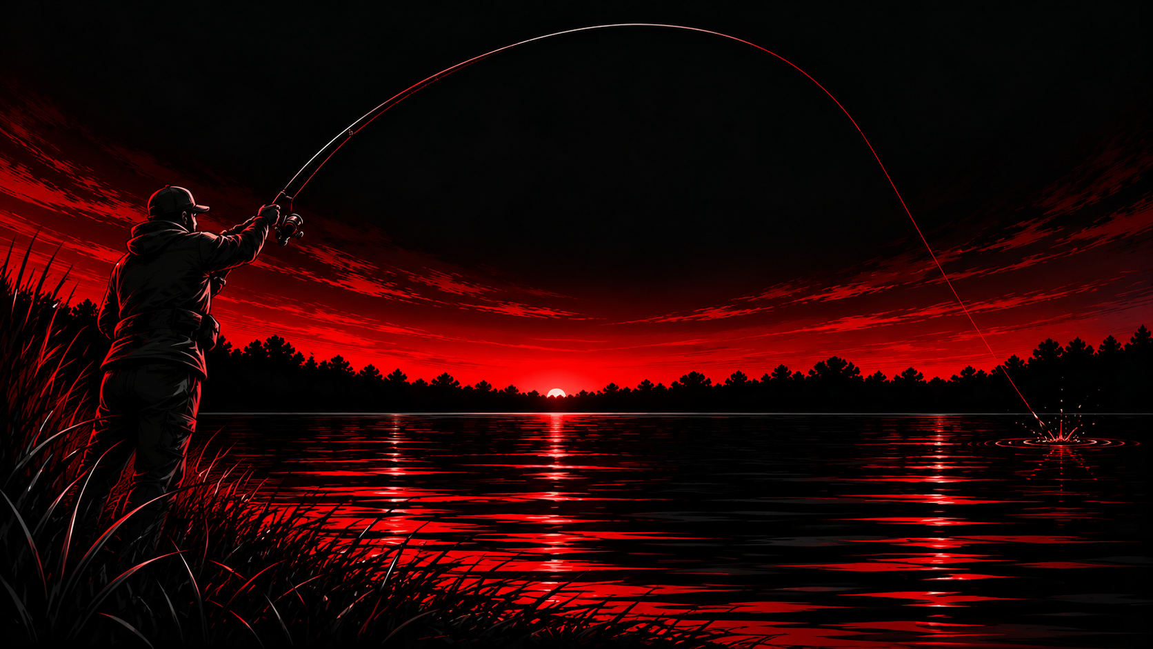 Nighttime lake scene with angler casting under a red sky