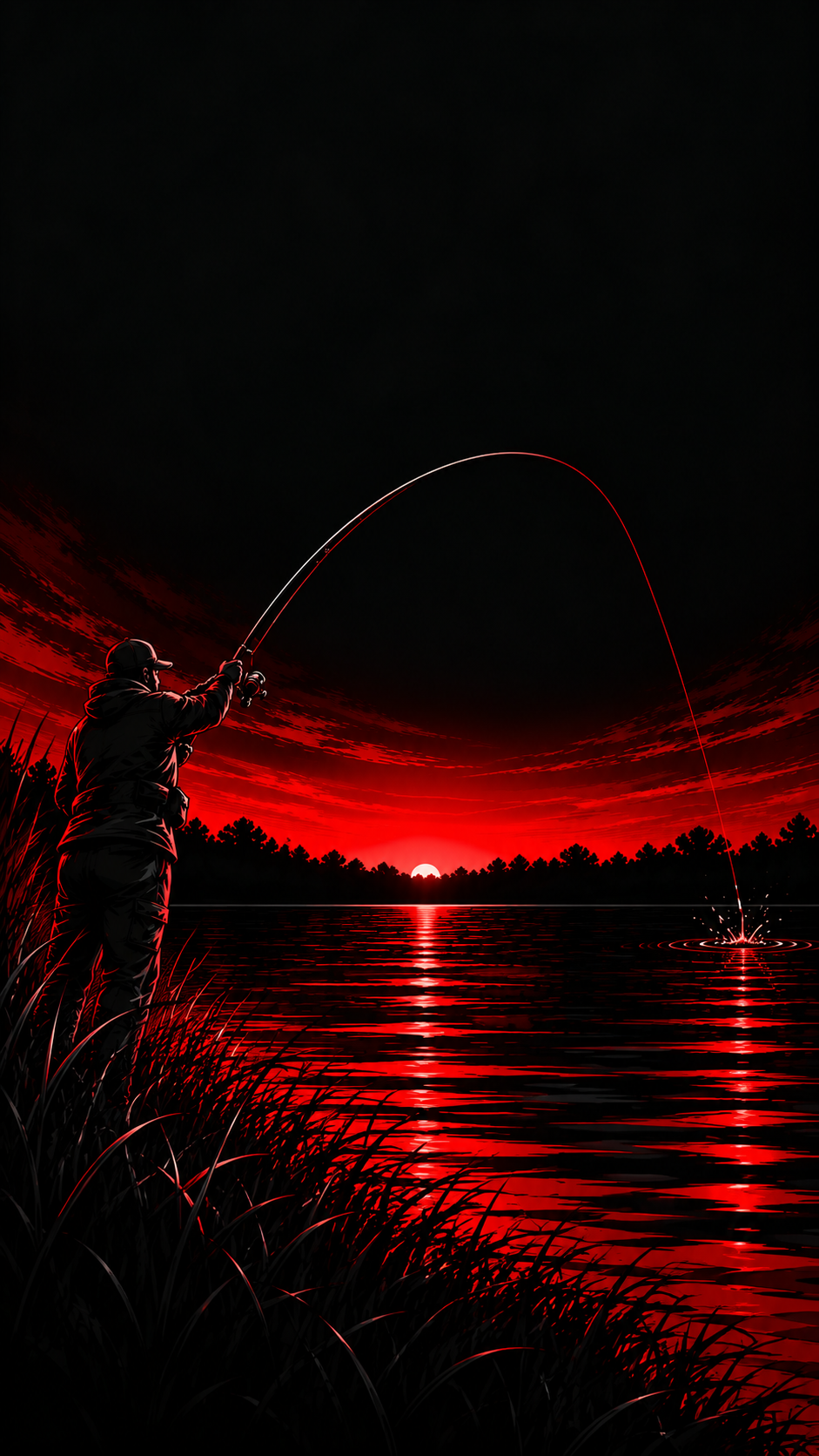 Nighttime lake scene with angler casting under a red sky
