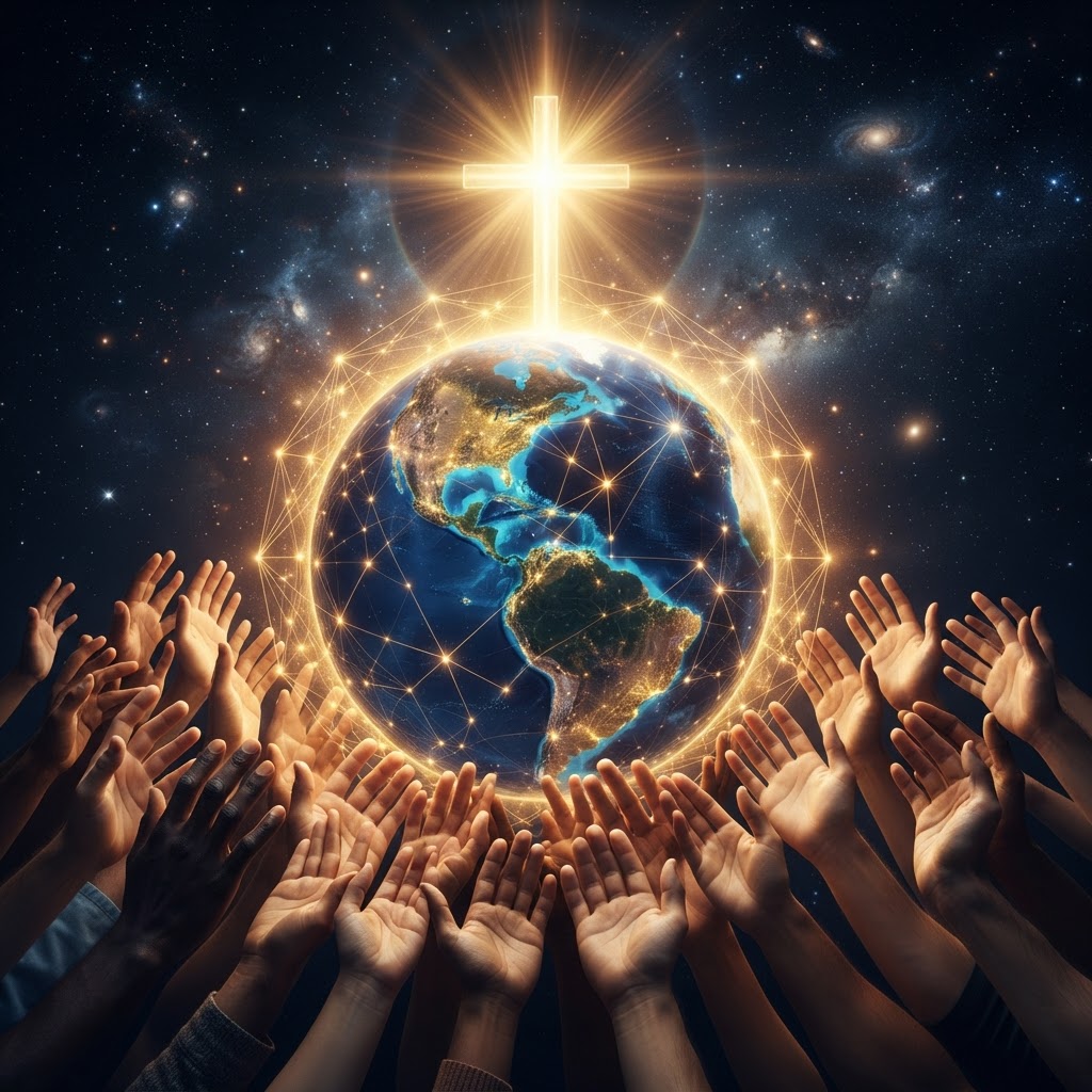 Hands lifting a glowing globe crowned by a radiant cross and golden network — a global community united in spreading the Gospel
