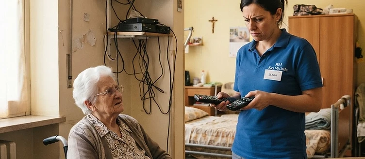 Un ospite di una RSA e un operatore in difficoltà con la TV