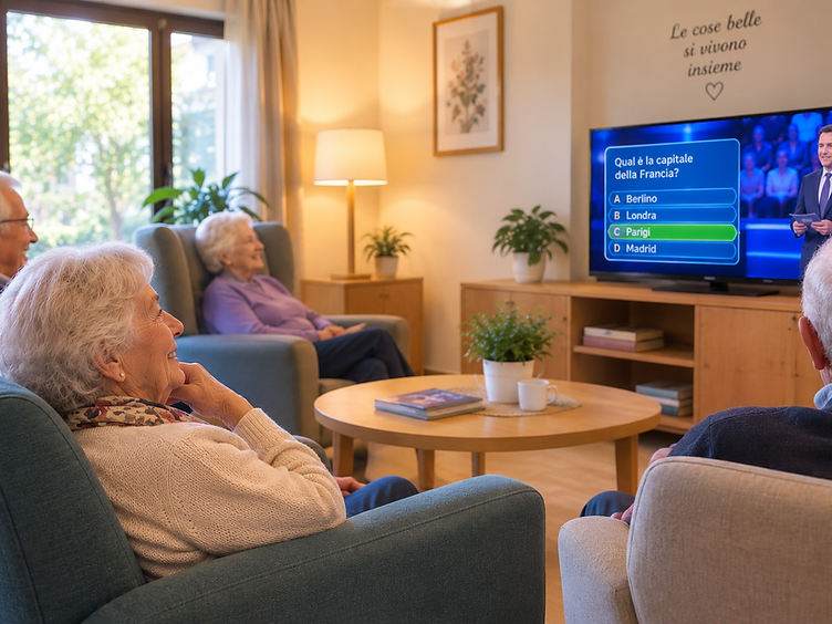 Ospiti di una RSA che guardano un quiz interattivo sulla TV