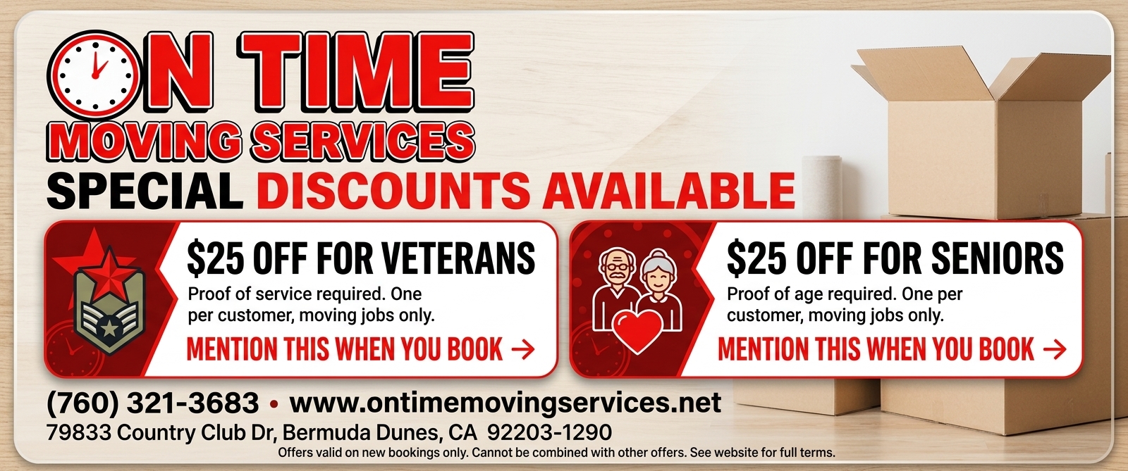 On Time Moving Services — Special Discounts Available: $25 Off for Veterans and $25 Off for Seniors