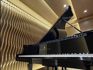 Black Steinway grand piano with raised lid