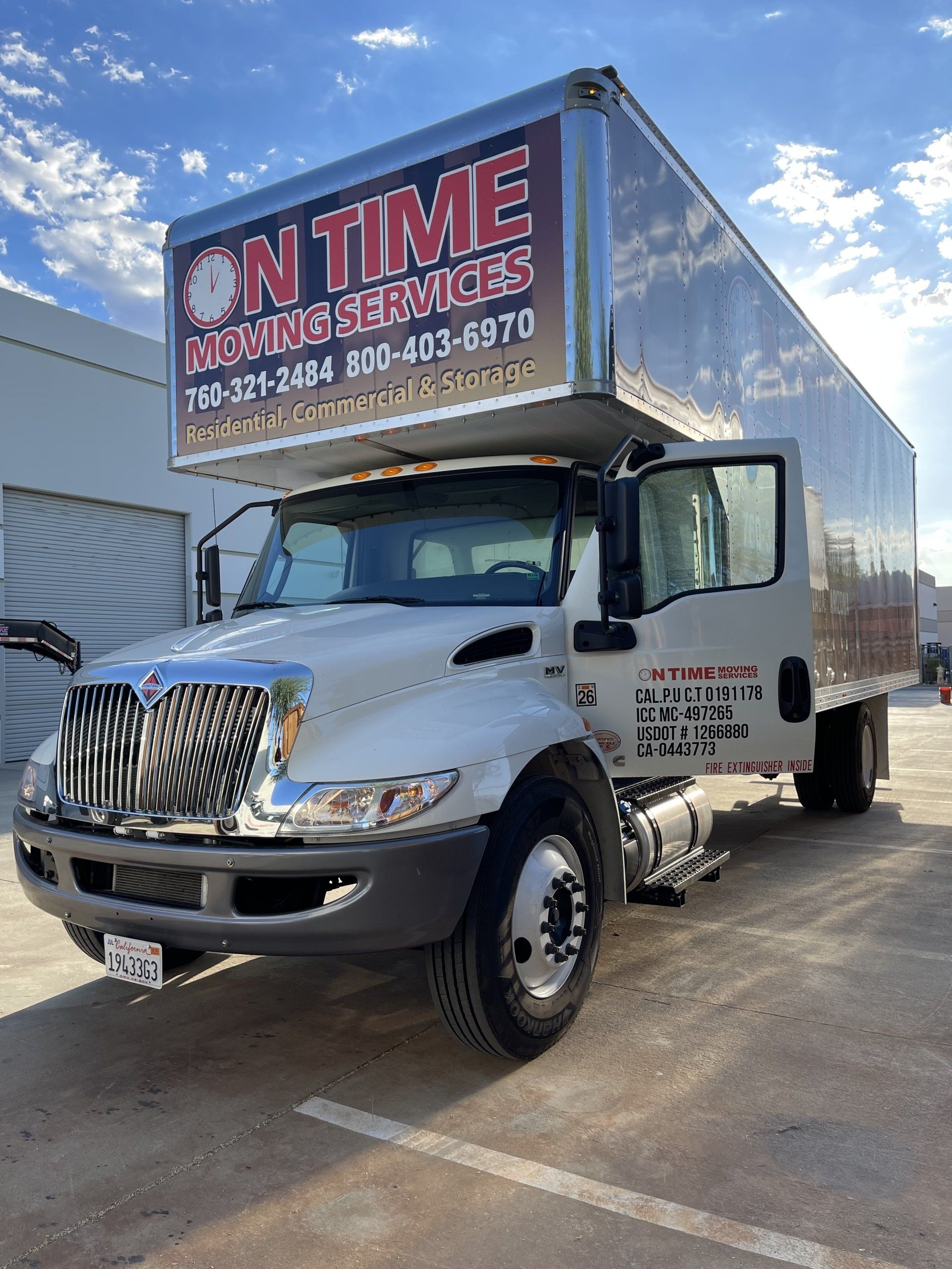 International moving truck front three-quarter view