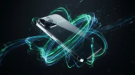 Glass smartphone with flowing data streams