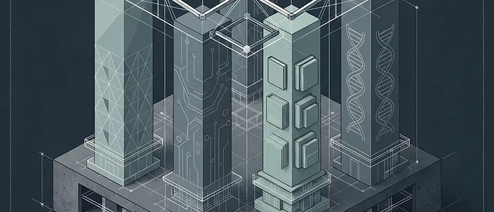 Abstract architectural visualization of interconnected technology sectors spanning e-commerce, fintech, edtech, and health-tech across borders