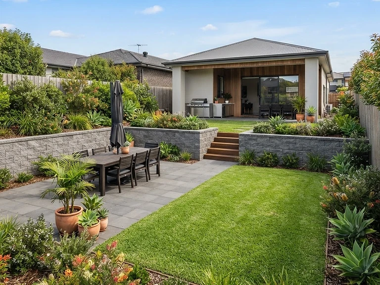 Completed residential backyard transformation by FDSS with retaining walls, paving and turf in The Hills District