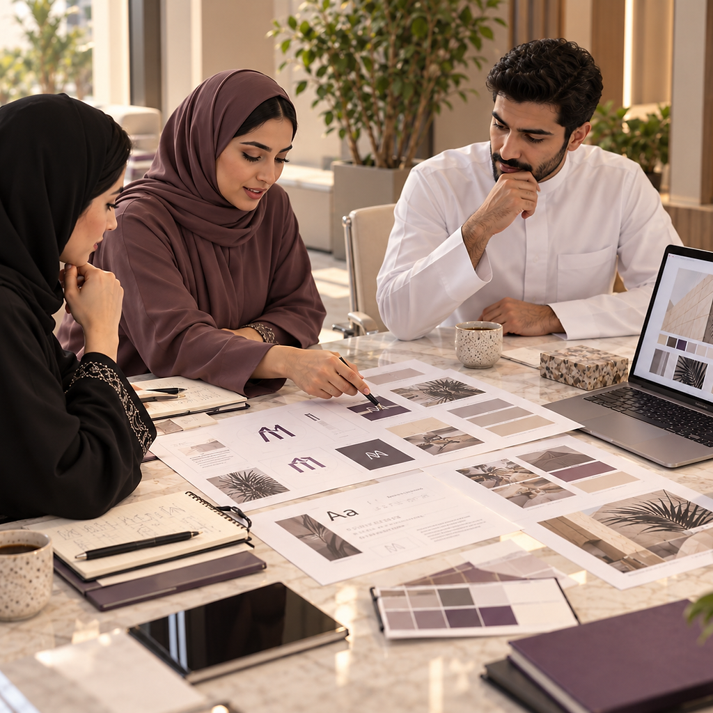 جلسة مراجعة هوية بصرية ومواد تصميم على طاولة عمل