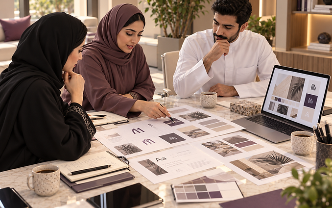 جلسة مراجعة هوية بصرية ومواد تصميم على طاولة عمل