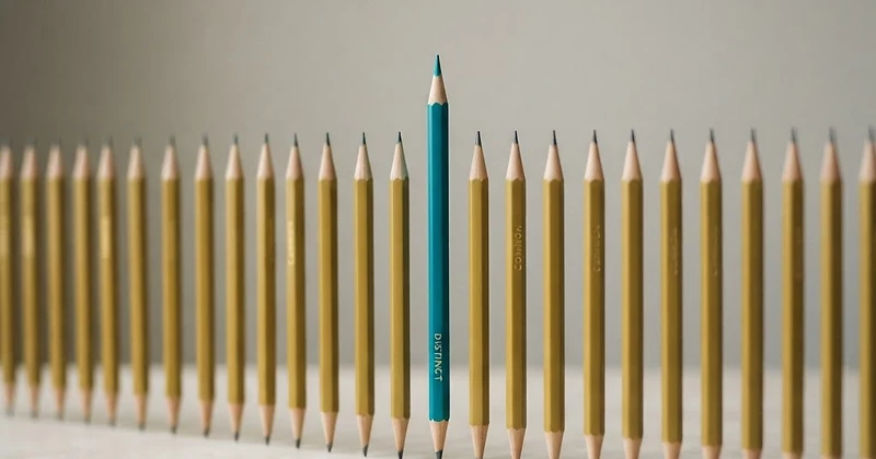A row of identical pencils with one standing out in teal, symbolising the competitive edge for schools and leaders