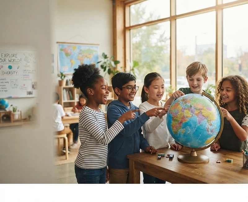 Children exploring a world globe in a bright international school classroom