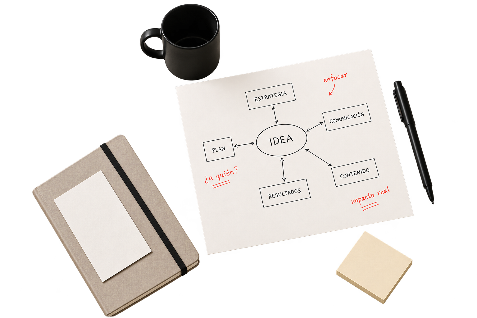 Diagrama: de la idea a la estrategia, comunicación, contenido y resultados