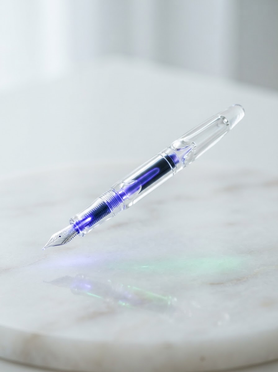 Sculptural glass fountain pen with an indigo core