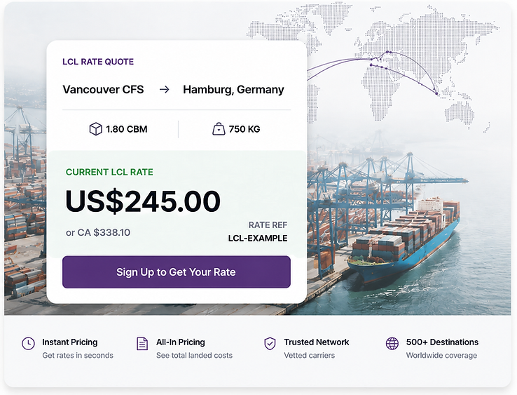Sample LCL rate quote card — instant ocean LCL pricing from Canada