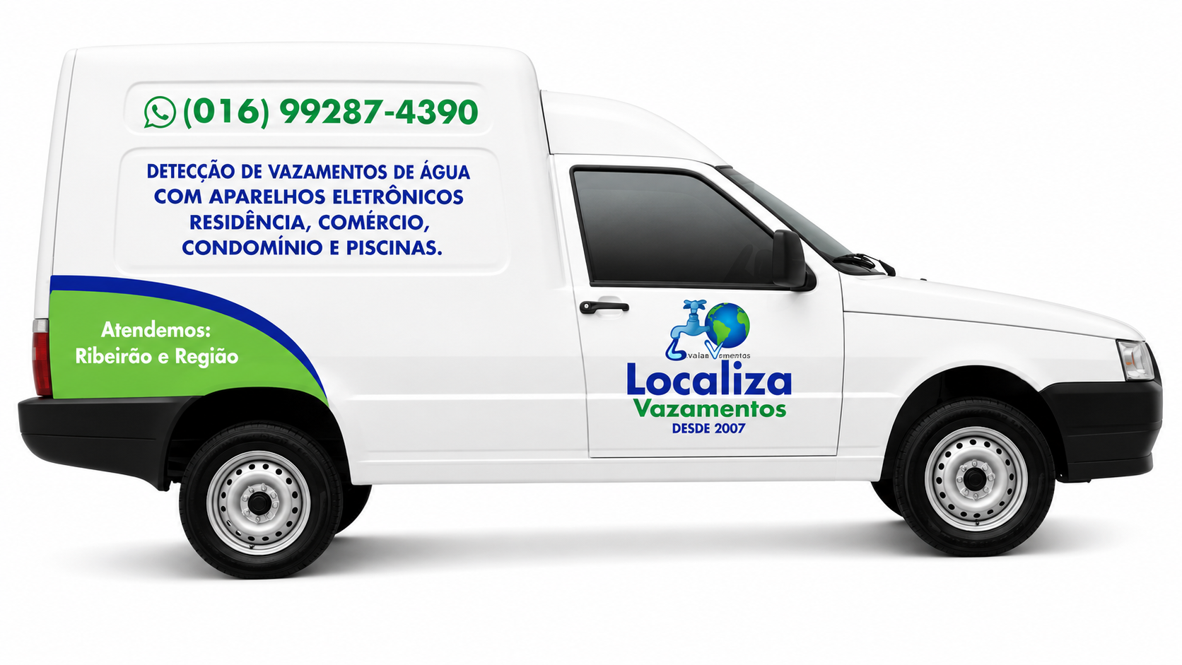 Veículo identificado da Localiza Vazamentos com logo, telefone e área de atendimento