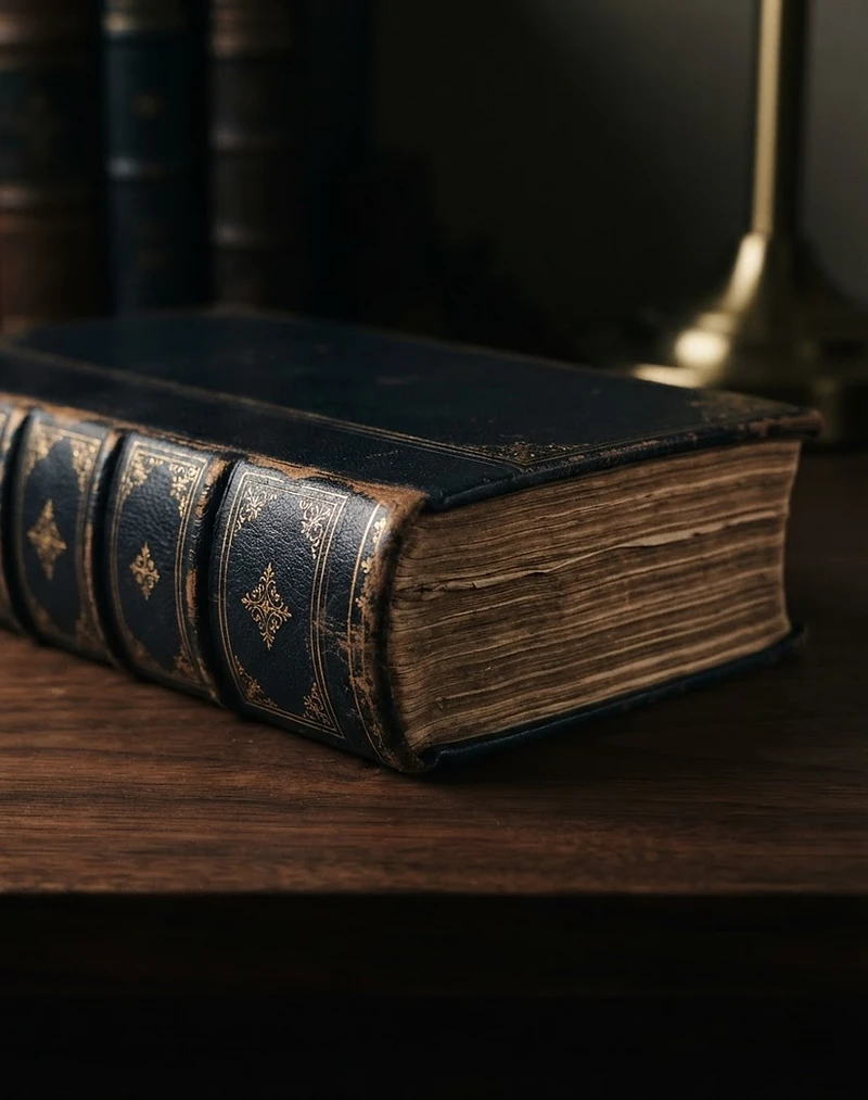 Macro photograph of a leather-bound book on a dark walnut desk under warm lamp light