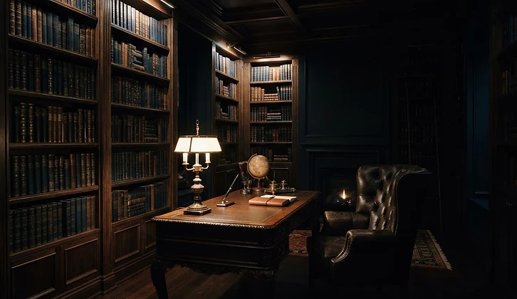 Dimly lit private library interior with leather-bound books and warm lamp light