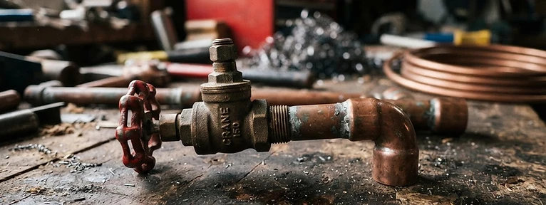 Copper pipe fittings and a brass valve on a workbench