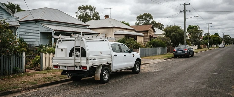 Plumbing service vehicle parked on a residential street in the Latrobe Valley