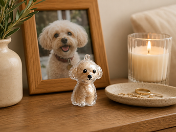 Keepsake resting on a bedside table beside a framed pet portrait