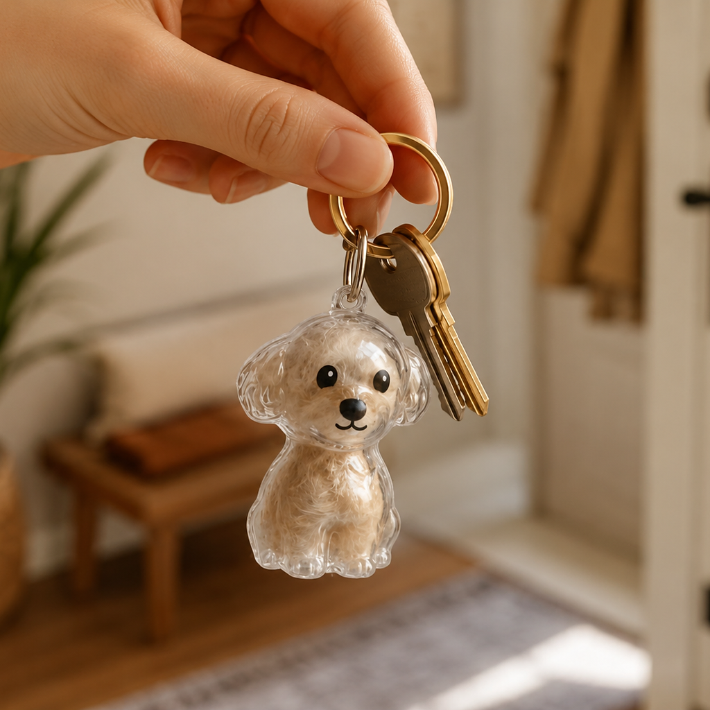 Clear acrylic dog keepsake on a gold keyring with house keys