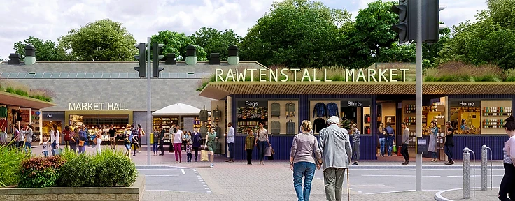 Interior of Rawtenstall Market Hall with steel trusses