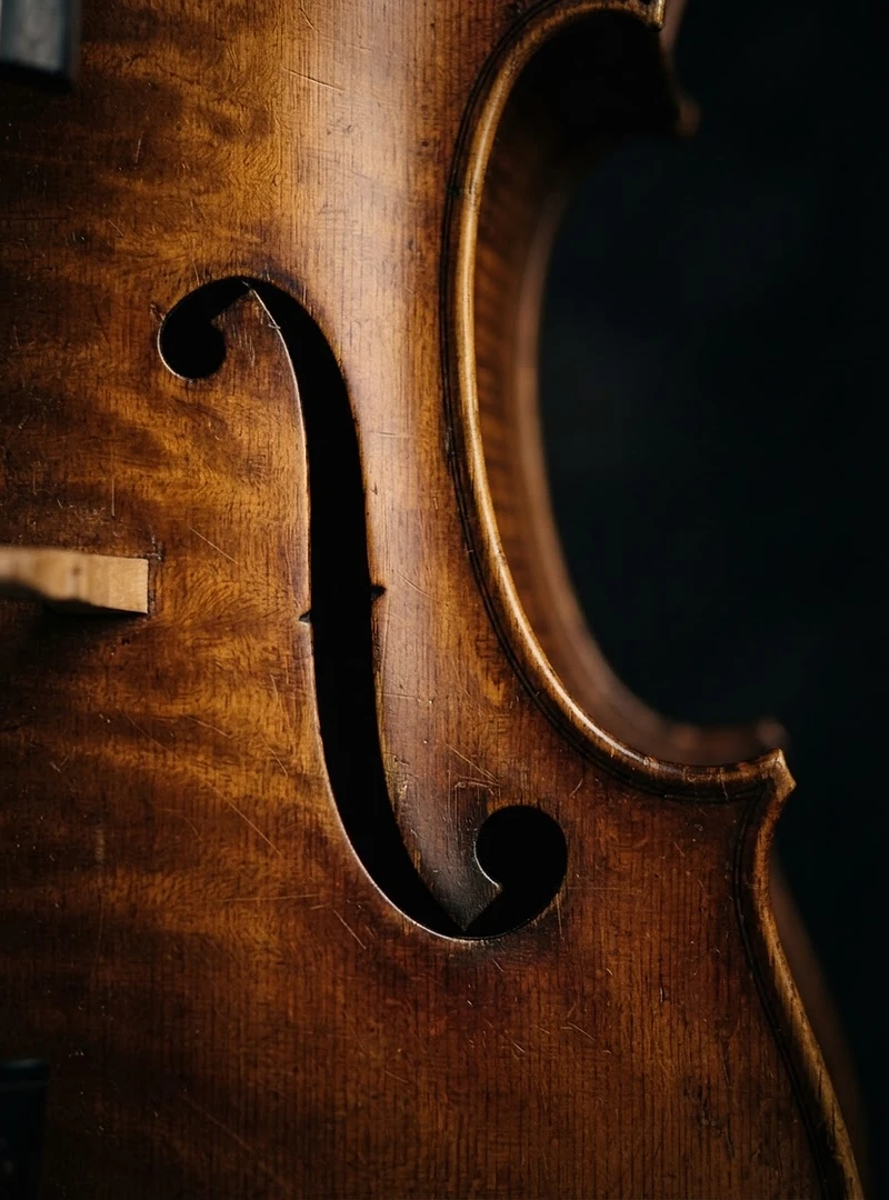 Close detail of a cello in dramatic stage light