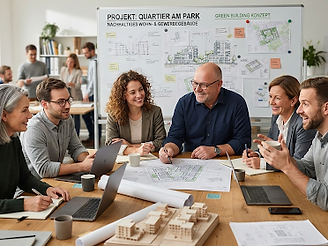 Team berät gemeinsam über Baupläne und Architekturmodell